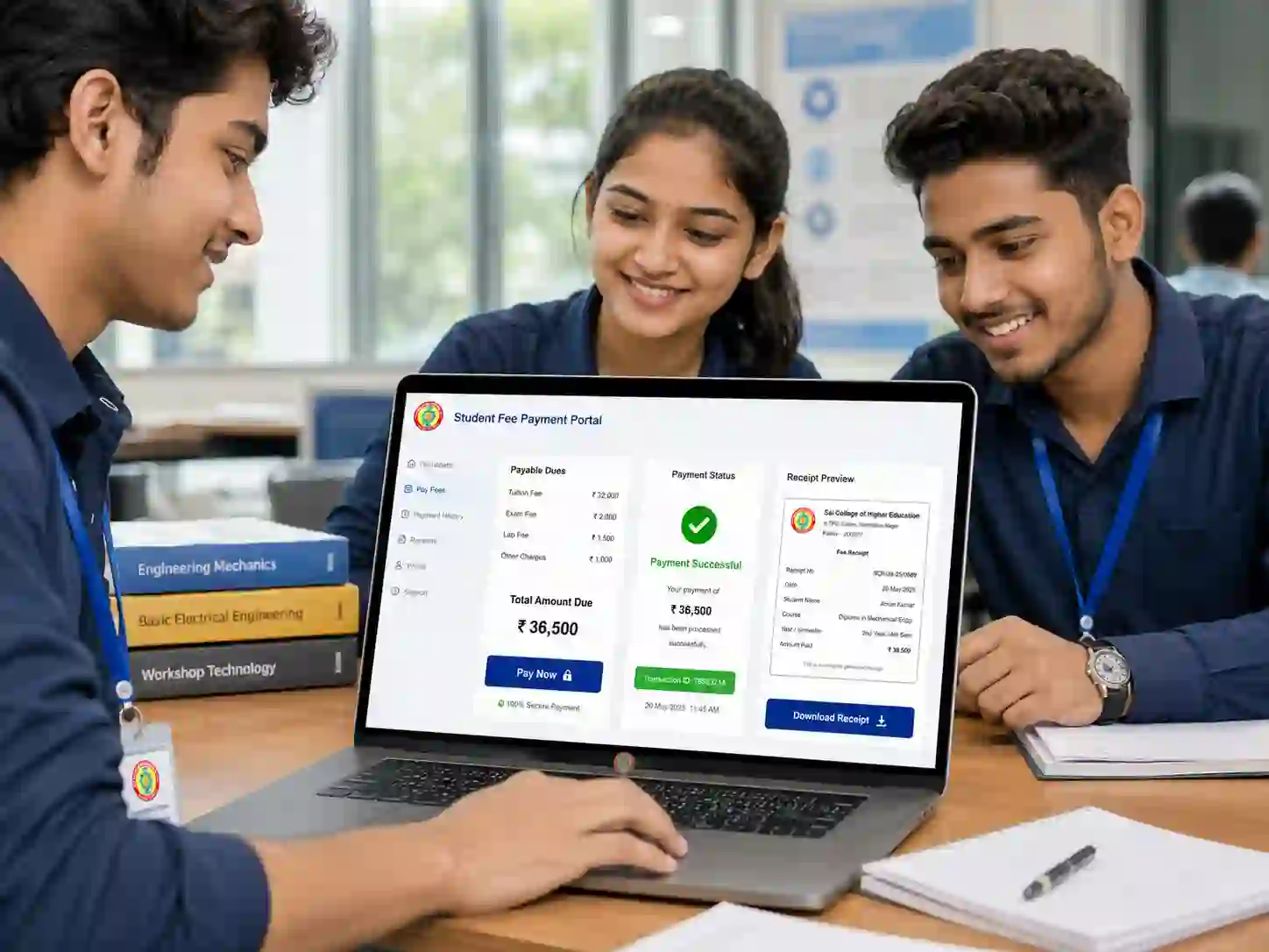 Fee payment and receipt screen